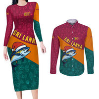 Sri Lanka Christmas Couples Matching Long Sleeve Bodycon Dress and Long Sleeve Button Shirt with Santa Hat Fish Ocean Icons and Tri Color Festive Design - Wonder Print Shop