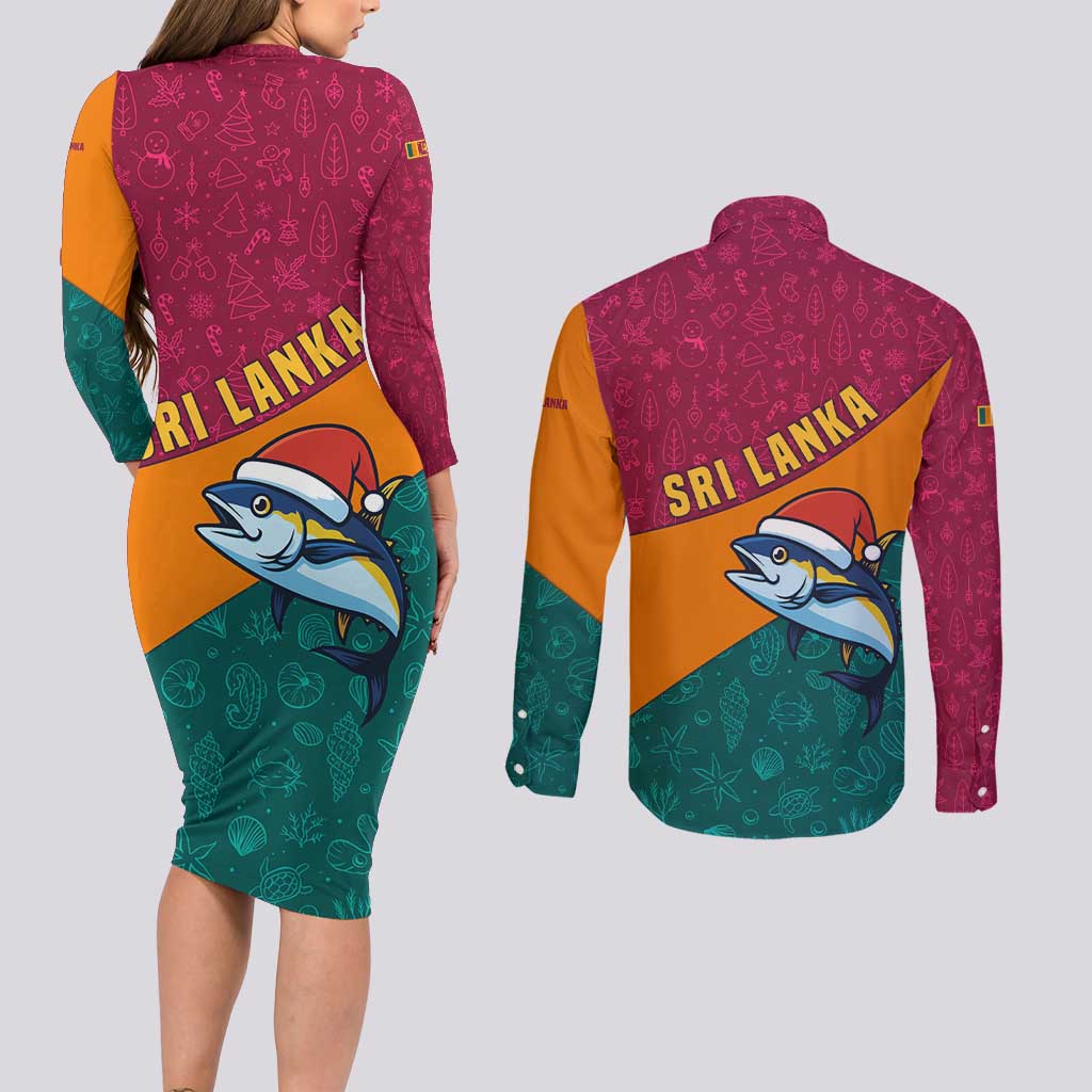 Sri Lanka Christmas Couples Matching Long Sleeve Bodycon Dress and Long Sleeve Button Shirt with Santa Hat Fish Ocean Icons and Tri Color Festive Design - Wonder Print Shop