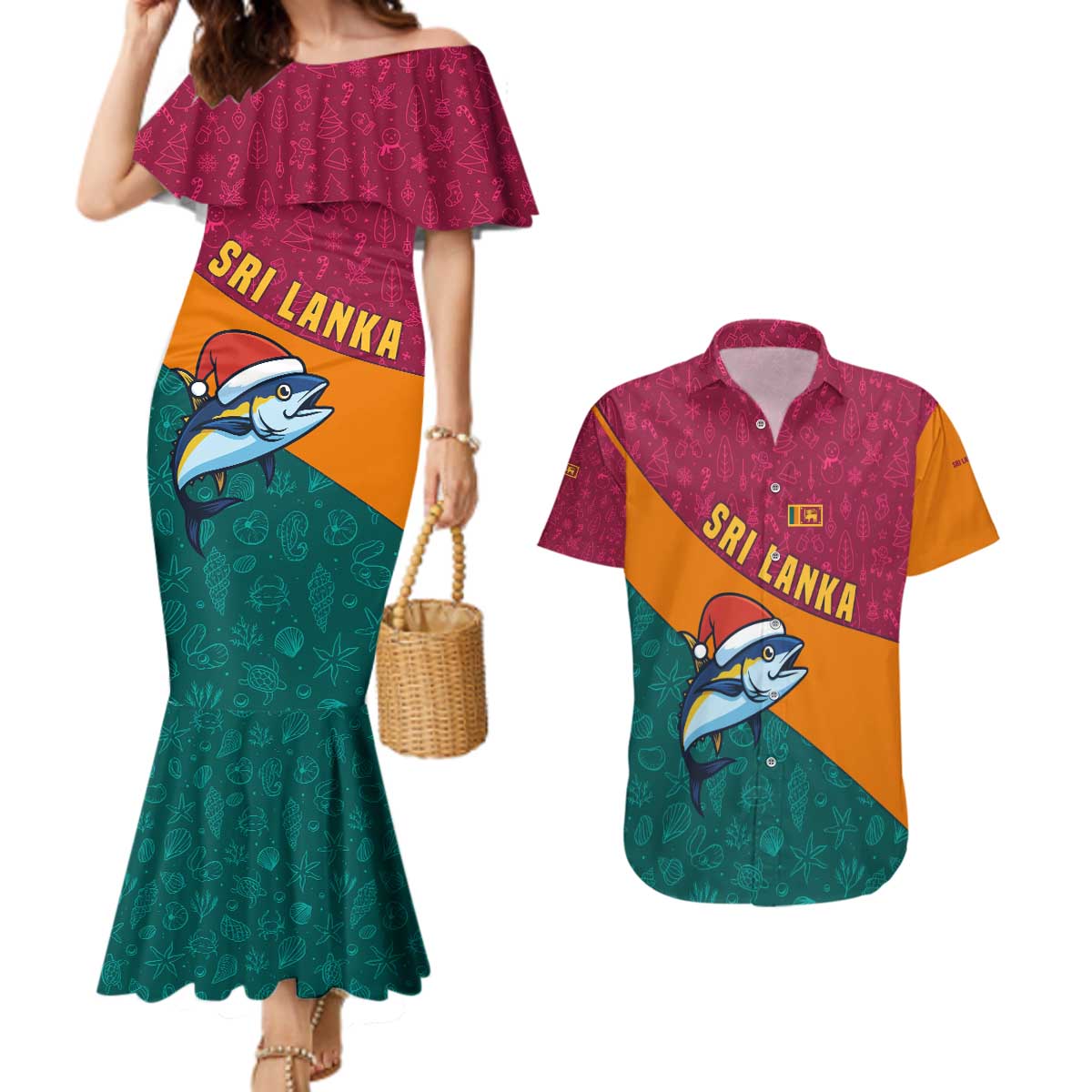 Sri Lanka Christmas Couples Matching Mermaid Dress and Hawaiian Shirt with Santa Hat Fish Ocean Icons and Tri Color Festive Design - Wonder Print Shop