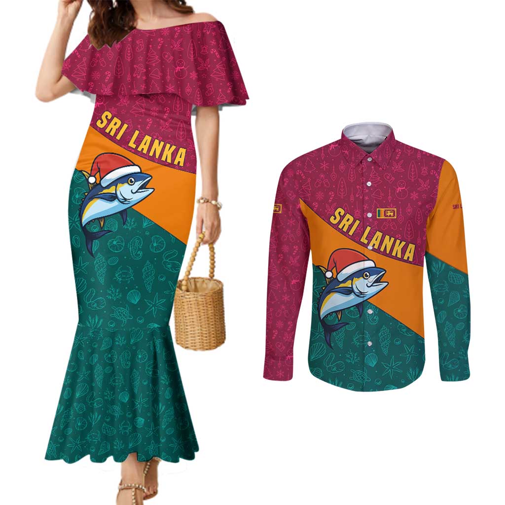 Sri Lanka Christmas Couples Matching Mermaid Dress and Long Sleeve Button Shirt with Santa Hat Fish Ocean Icons and Tri Color Festive Design - Wonder Print Shop