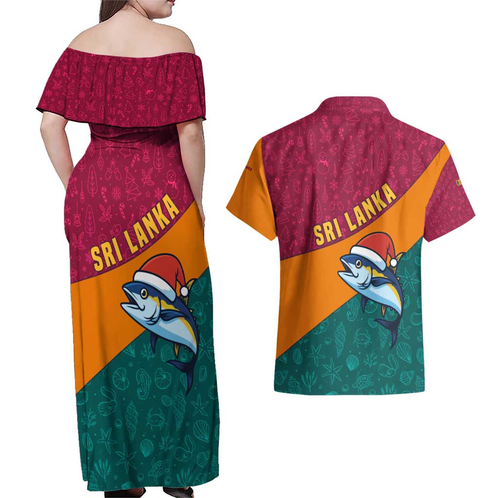 Sri Lanka Christmas Couples Matching Off Shoulder Maxi Dress and Hawaiian Shirt with Santa Hat Fish Ocean Icons and Tri Color Festive Design - Wonder Print Shop