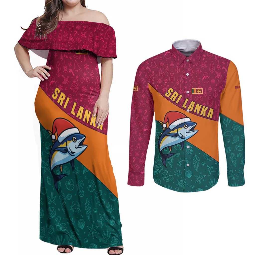 Sri Lanka Christmas Couples Matching Off Shoulder Maxi Dress and Long Sleeve Button Shirt with Santa Hat Fish Ocean Icons and Tri Color Festive Design - Wonder Print Shop