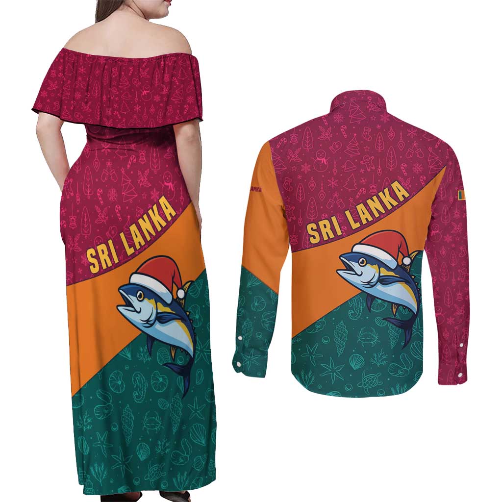 Sri Lanka Christmas Couples Matching Off Shoulder Maxi Dress and Long Sleeve Button Shirt with Santa Hat Fish Ocean Icons and Tri Color Festive Design - Wonder Print Shop