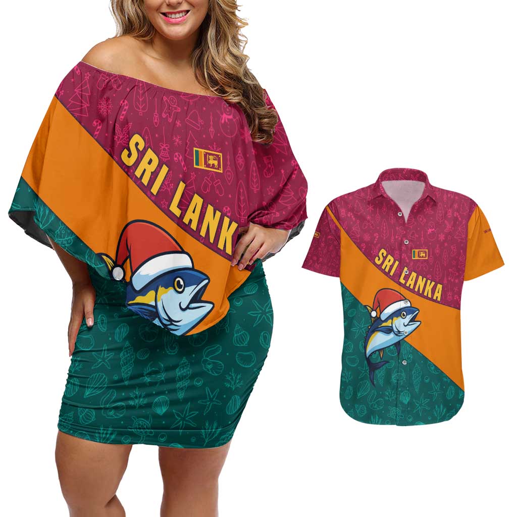 Sri Lanka Christmas Couples Matching Off Shoulder Short Dress and Hawaiian Shirt with Santa Hat Fish Ocean Icons and Tri Color Festive Design - Wonder Print Shop