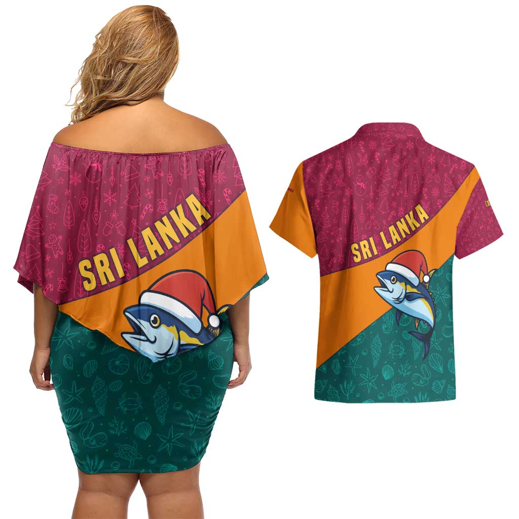 Sri Lanka Christmas Couples Matching Off Shoulder Short Dress and Hawaiian Shirt with Santa Hat Fish Ocean Icons and Tri Color Festive Design - Wonder Print Shop