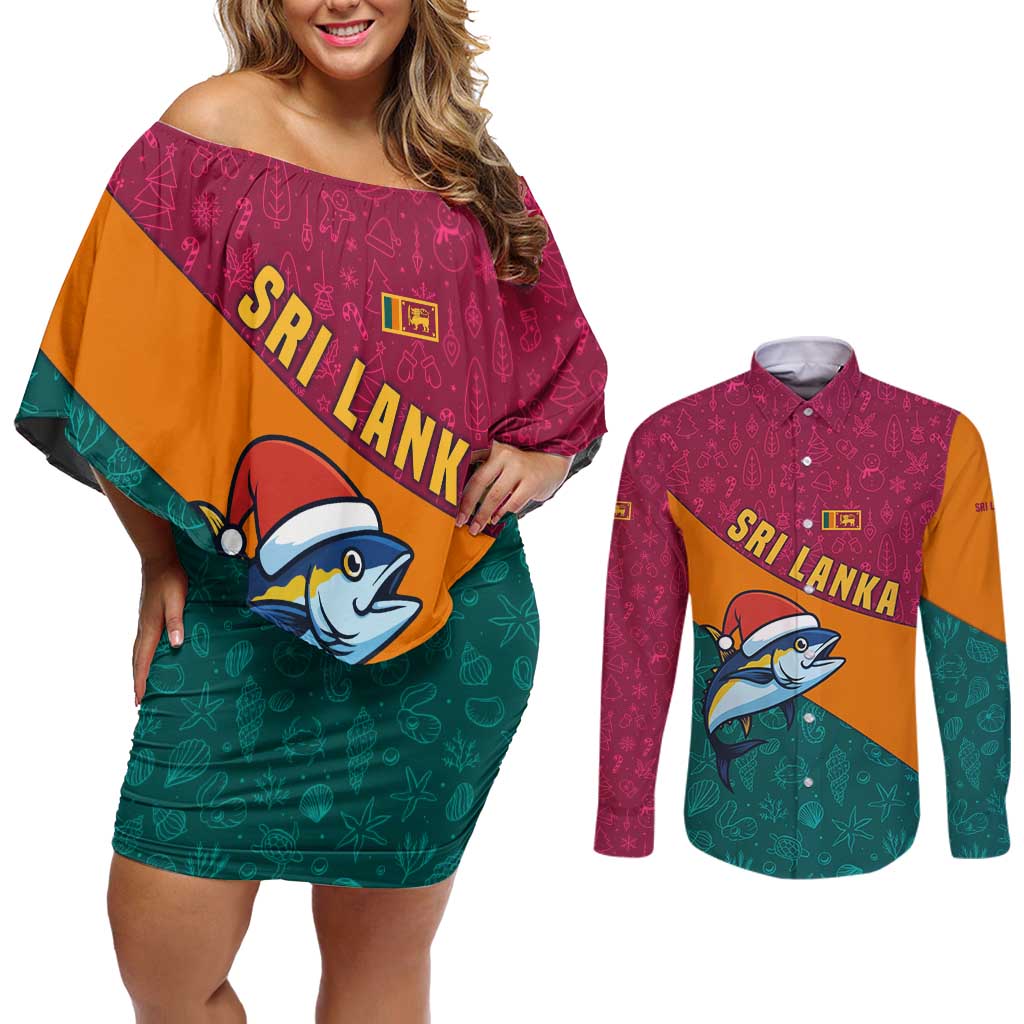 Sri Lanka Christmas Couples Matching Off Shoulder Short Dress and Long Sleeve Button Shirt with Santa Hat Fish Ocean Icons and Tri Color Festive Design - Wonder Print Shop