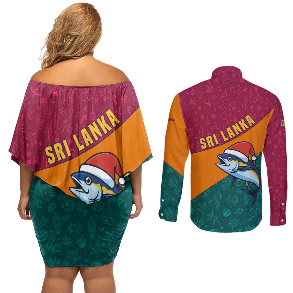 Sri Lanka Christmas Couples Matching Off Shoulder Short Dress and Long Sleeve Button Shirt with Santa Hat Fish Ocean Icons and Tri Color Festive Design - Wonder Print Shop