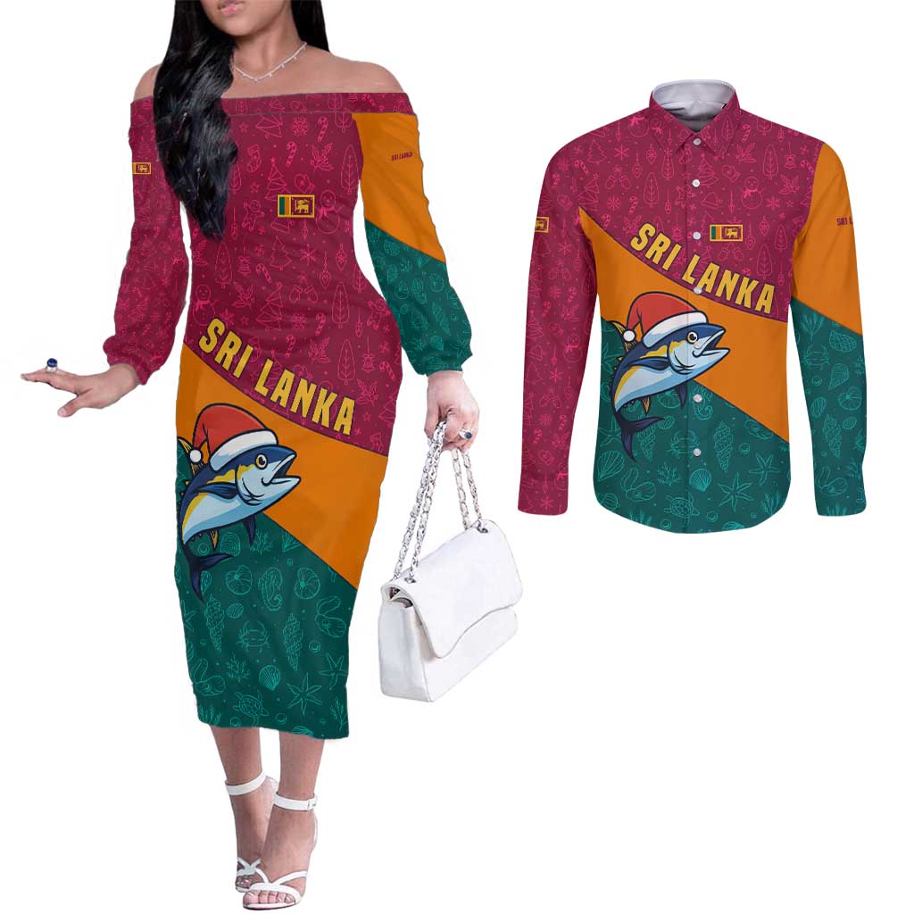 Sri Lanka Christmas Couples Matching Off The Shoulder Long Sleeve Dress and Long Sleeve Button Shirt with Santa Hat Fish Ocean Icons and Tri Color Festive Design - Wonder Print Shop