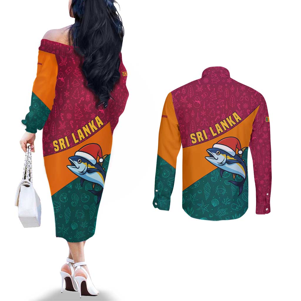 Sri Lanka Christmas Couples Matching Off The Shoulder Long Sleeve Dress and Long Sleeve Button Shirt with Santa Hat Fish Ocean Icons and Tri Color Festive Design - Wonder Print Shop