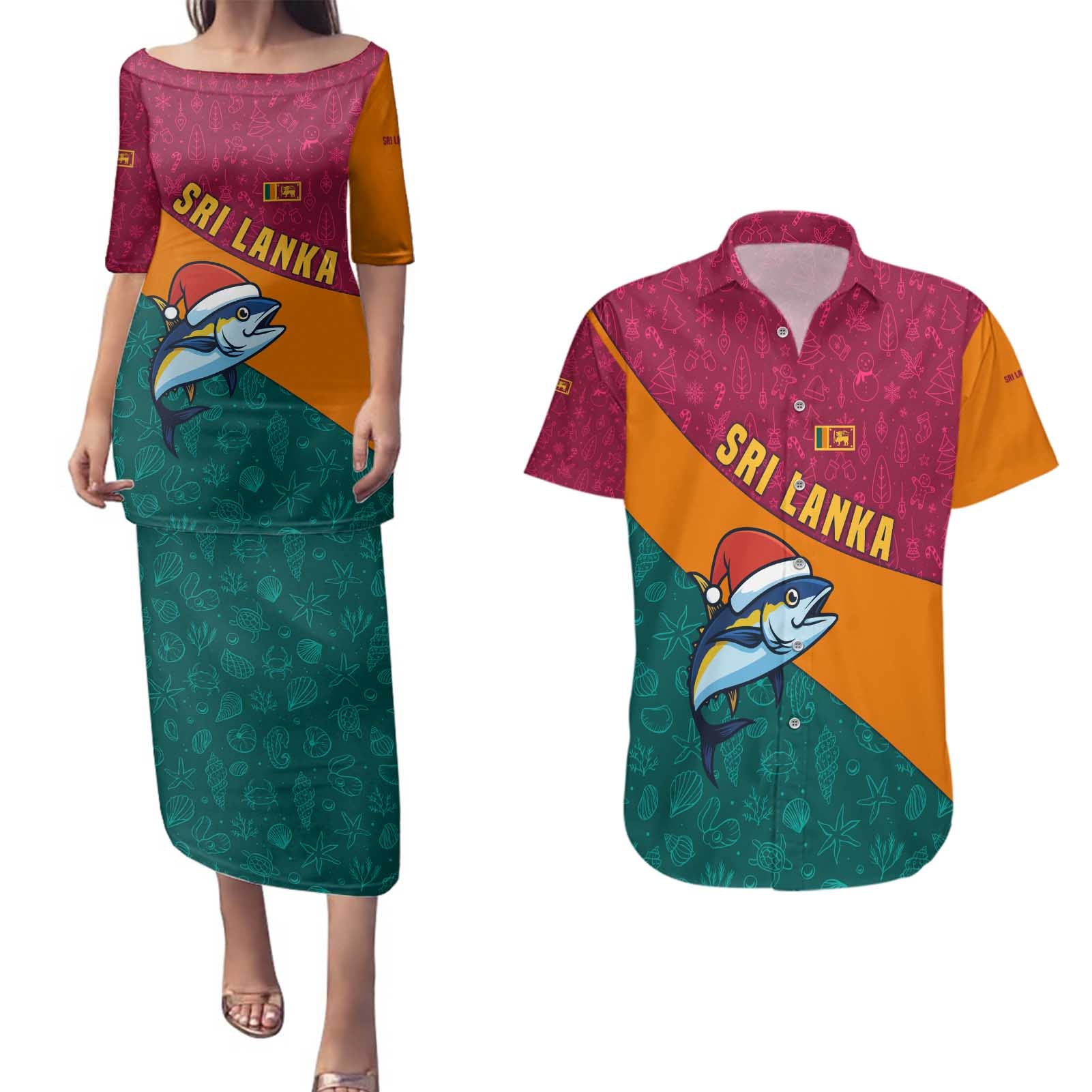 Sri Lanka Christmas Couples Matching Puletasi and Hawaiian Shirt with Santa Hat Fish Ocean Icons and Tri Color Festive Design - Wonder Print Shop