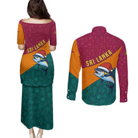 Sri Lanka Christmas Couples Matching Puletasi and Long Sleeve Button Shirt with Santa Hat Fish Ocean Icons and Tri Color Festive Design - Wonder Print Shop