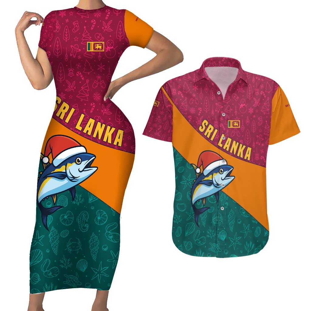 Sri Lanka Christmas Couples Matching Short Sleeve Bodycon Dress and Hawaiian Shirt with Santa Hat Fish Ocean Icons and Tri Color Festive Design - Wonder Print Shop
