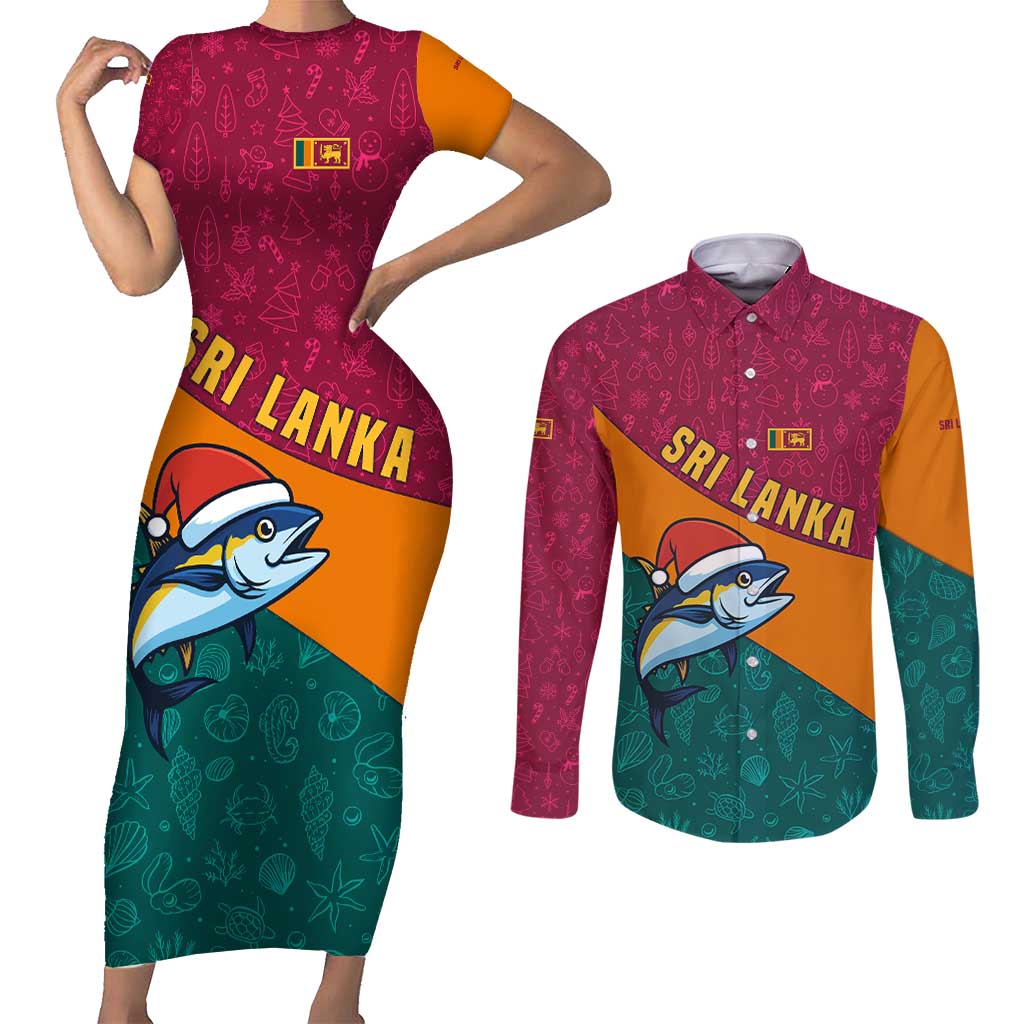Sri Lanka Christmas Couples Matching Short Sleeve Bodycon Dress and Long Sleeve Button Shirt with Santa Hat Fish Ocean Icons and Tri Color Festive Design - Wonder Print Shop