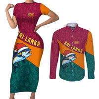 Sri Lanka Christmas Couples Matching Short Sleeve Bodycon Dress and Long Sleeve Button Shirt with Santa Hat Fish Ocean Icons and Tri Color Festive Design - Wonder Print Shop