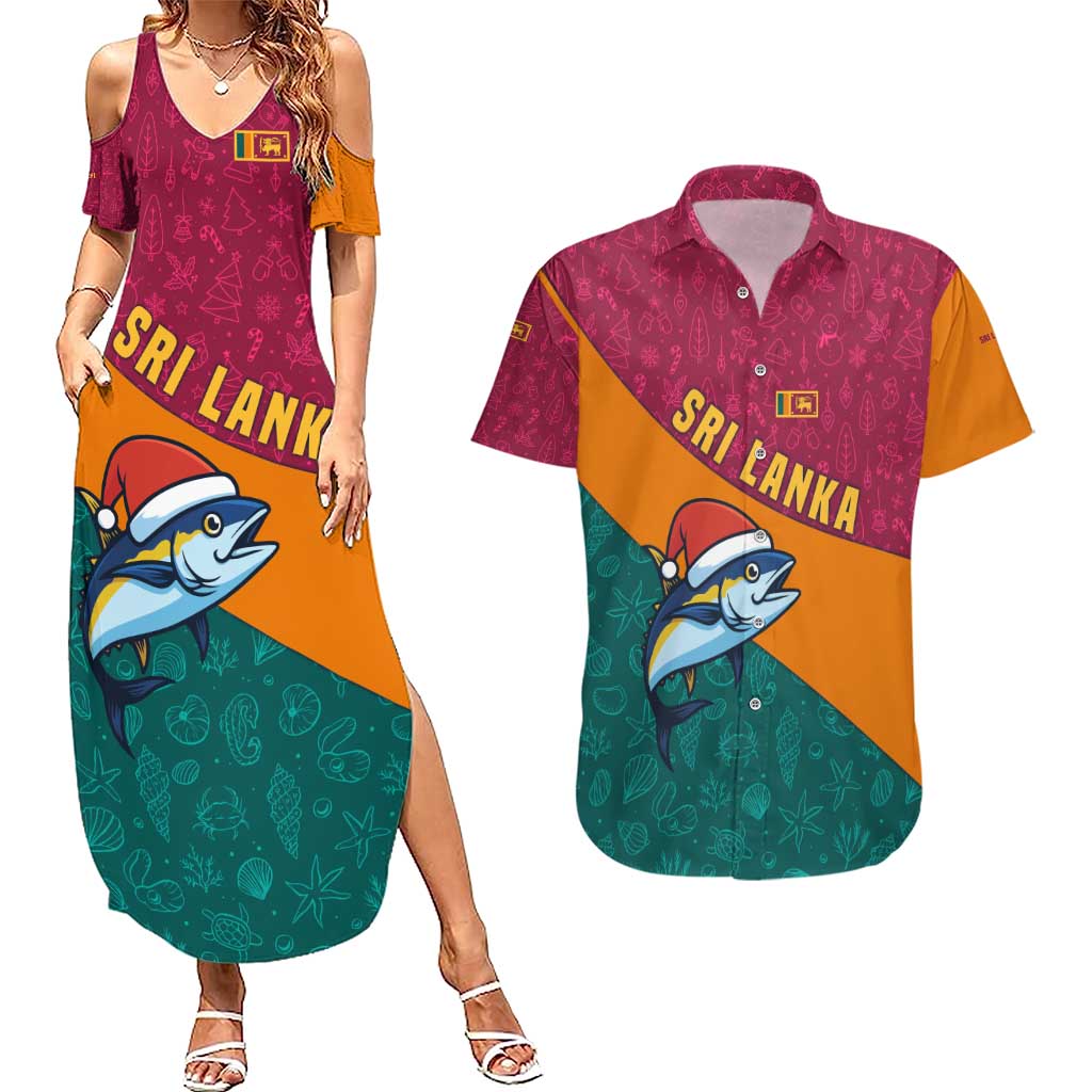 Sri Lanka Christmas Couples Matching Summer Maxi Dress and Hawaiian Shirt with Santa Hat Fish Ocean Icons and Tri Color Festive Design - Wonder Print Shop