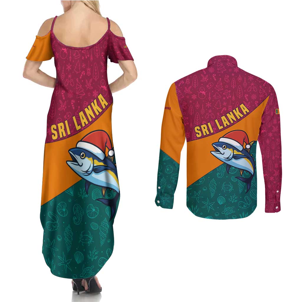 Sri Lanka Christmas Couples Matching Summer Maxi Dress and Long Sleeve Button Shirt with Santa Hat Fish Ocean Icons and Tri Color Festive Design - Wonder Print Shop