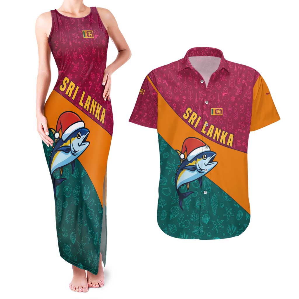 Sri Lanka Christmas Couples Matching Tank Maxi Dress and Hawaiian Shirt with Santa Hat Fish Ocean Icons and Tri Color Festive Design - Wonder Print Shop