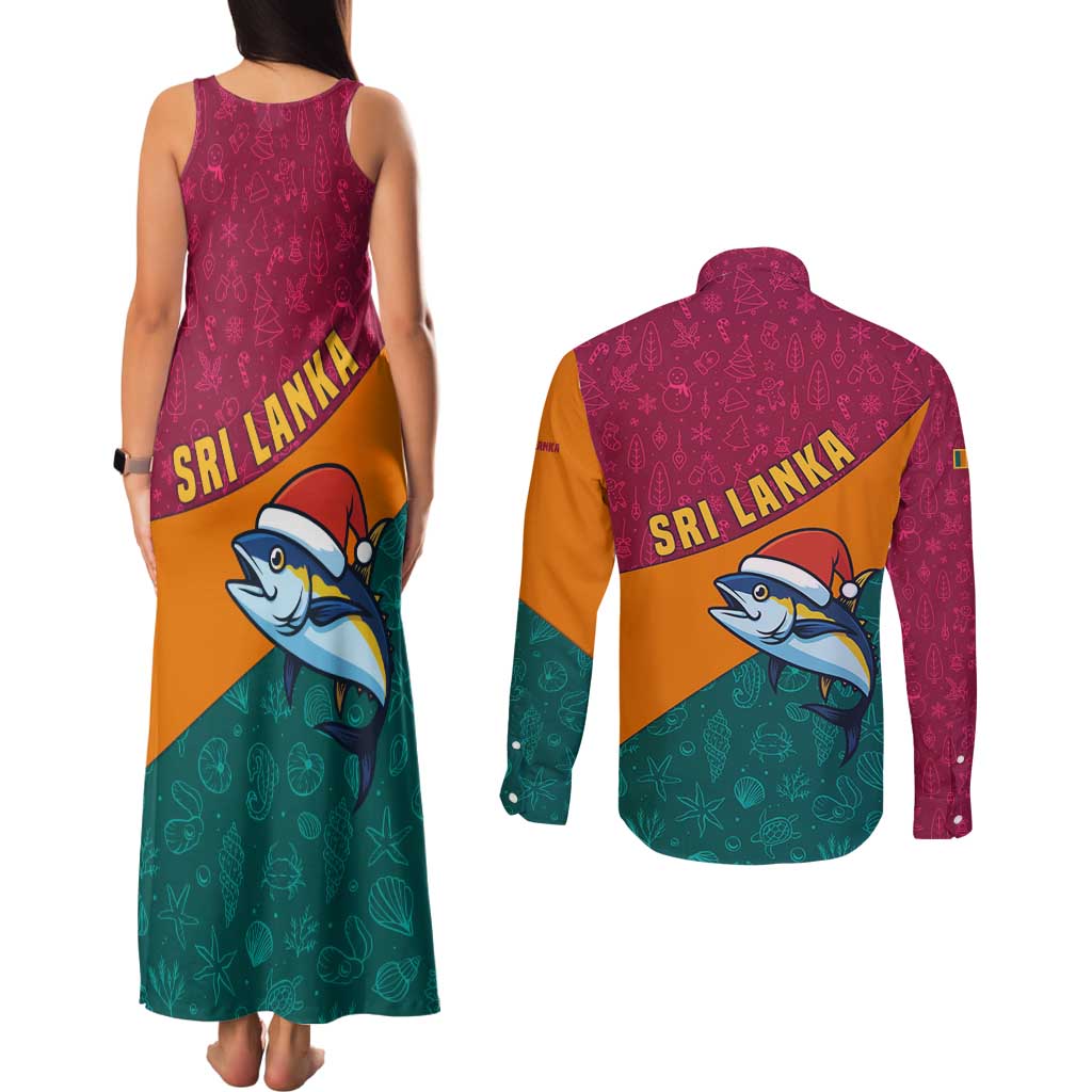 Sri Lanka Christmas Couples Matching Tank Maxi Dress and Long Sleeve Button Shirt with Santa Hat Fish Ocean Icons and Tri Color Festive Design - Wonder Print Shop