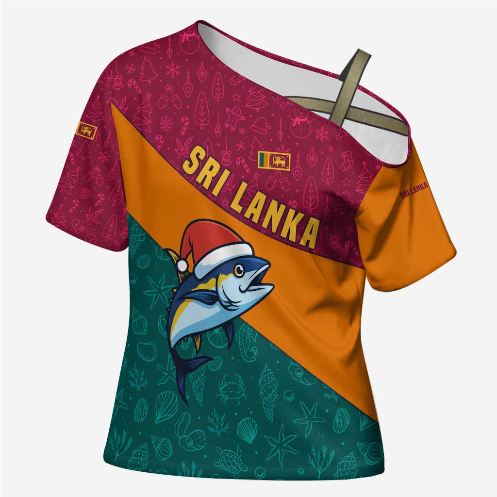 Sri Lanka Christmas Cross Shoulder Shirt with Santa Hat Fish Ocean Icons and Tri Color Festive Design - Wonder Print Shop