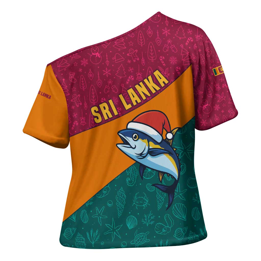 Sri Lanka Christmas Cross Shoulder Shirt with Santa Hat Fish Ocean Icons and Tri Color Festive Design - Wonder Print Shop