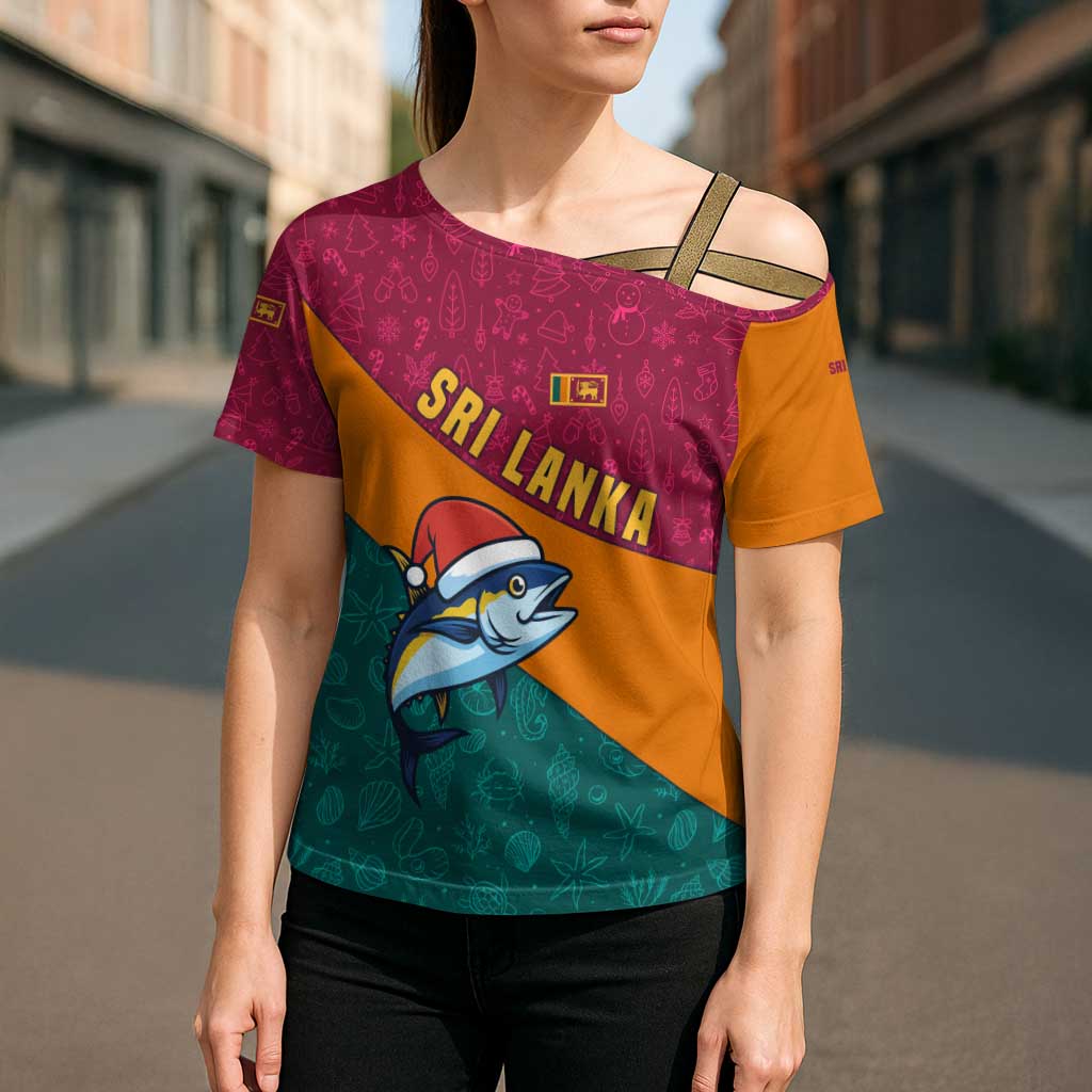 Sri Lanka Christmas Cross Shoulder Shirt with Santa Hat Fish Ocean Icons and Tri Color Festive Design - Wonder Print Shop