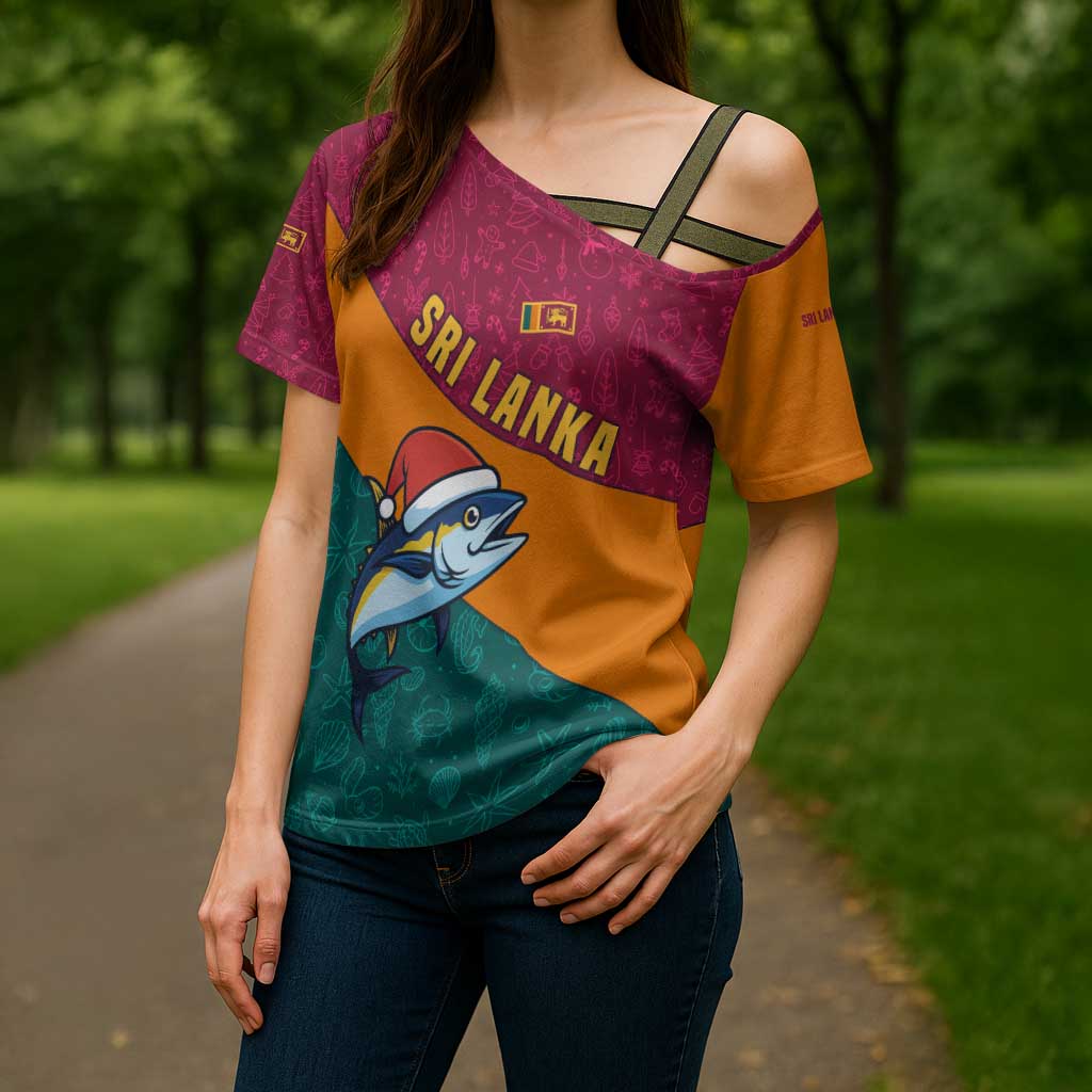 Sri Lanka Christmas Cross Shoulder Shirt with Santa Hat Fish Ocean Icons and Tri Color Festive Design - Wonder Print Shop