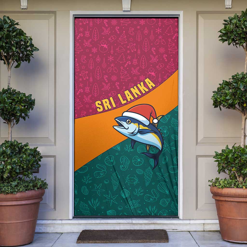 Sri Lanka Christmas Door Cover with Santa Hat Fish Ocean Icons and Tri Color Festive Design - Wonder Print Shop