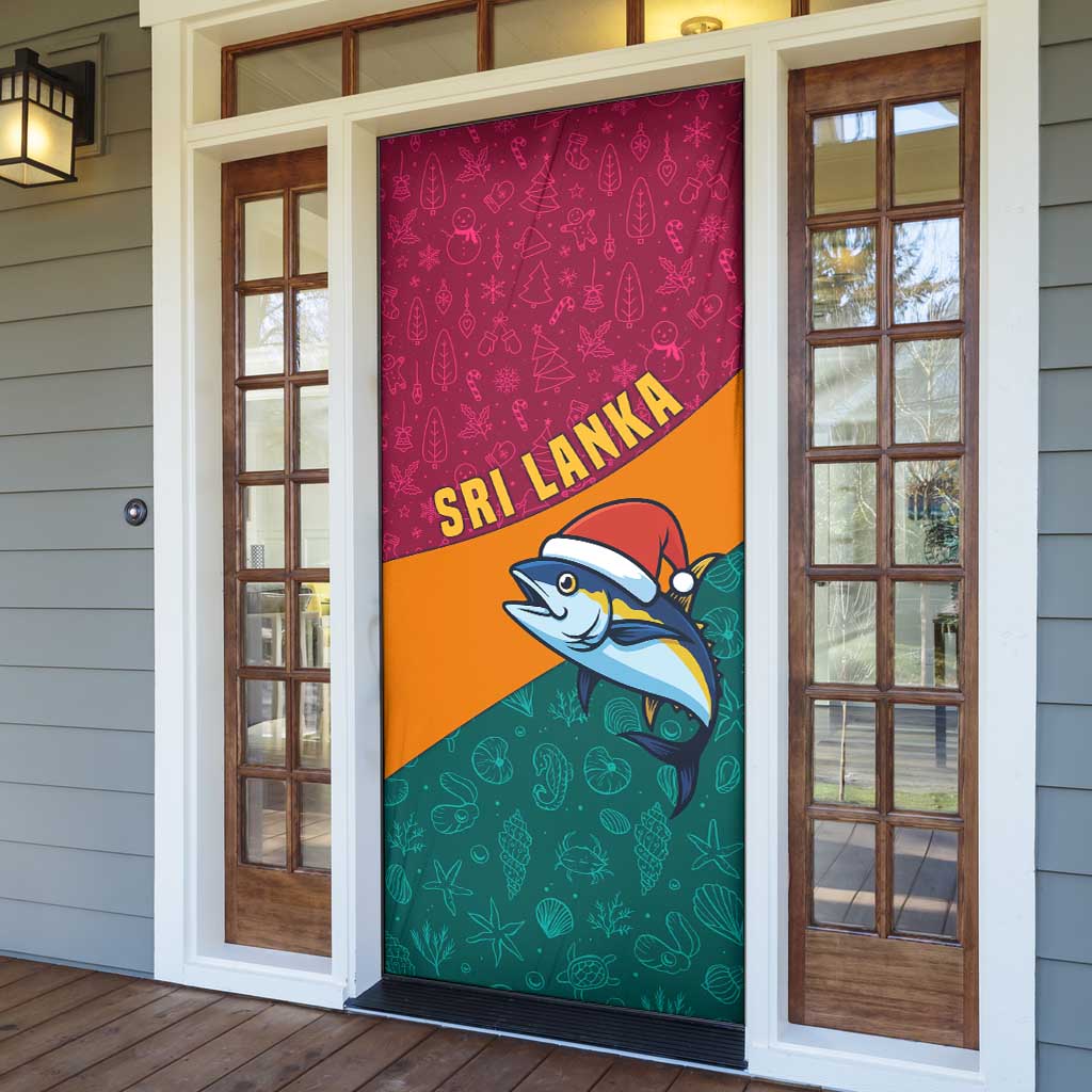 Sri Lanka Christmas Door Cover with Santa Hat Fish Ocean Icons and Tri Color Festive Design - Wonder Print Shop