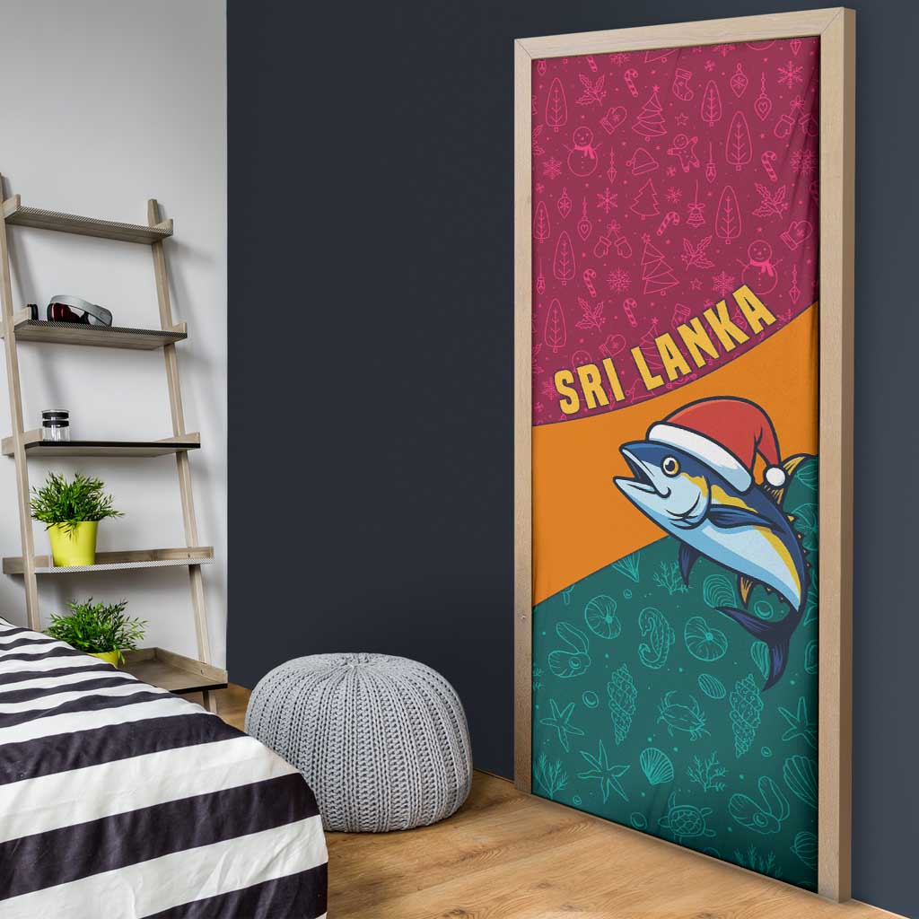 Sri Lanka Christmas Door Cover with Santa Hat Fish Ocean Icons and Tri Color Festive Design - Wonder Print Shop