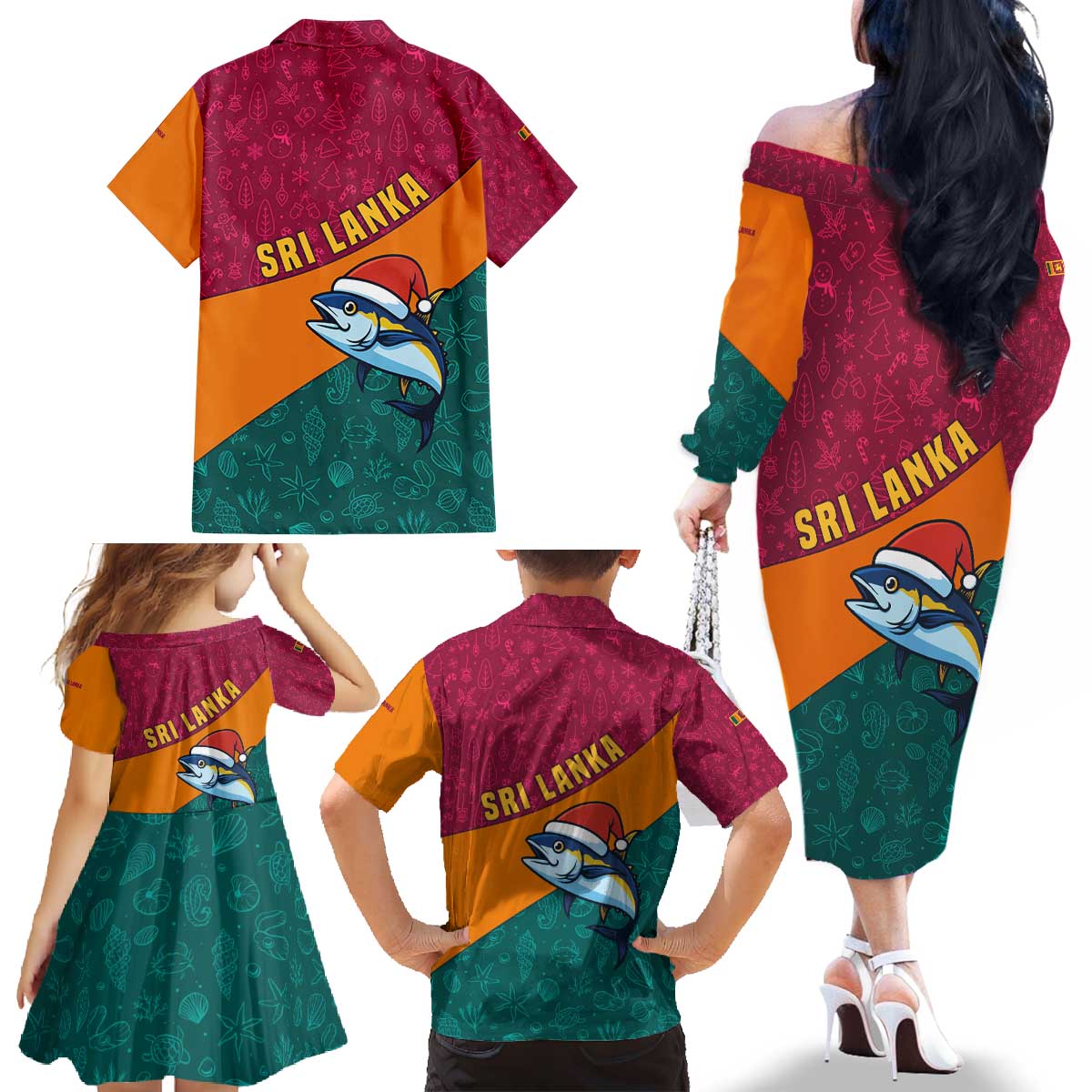 Sri Lanka Christmas Family Matching Off The Shoulder Long Sleeve Dress and Hawaiian Shirt with Santa Hat Fish Ocean Icons and Tri Color Festive Design - Wonder Print Shop