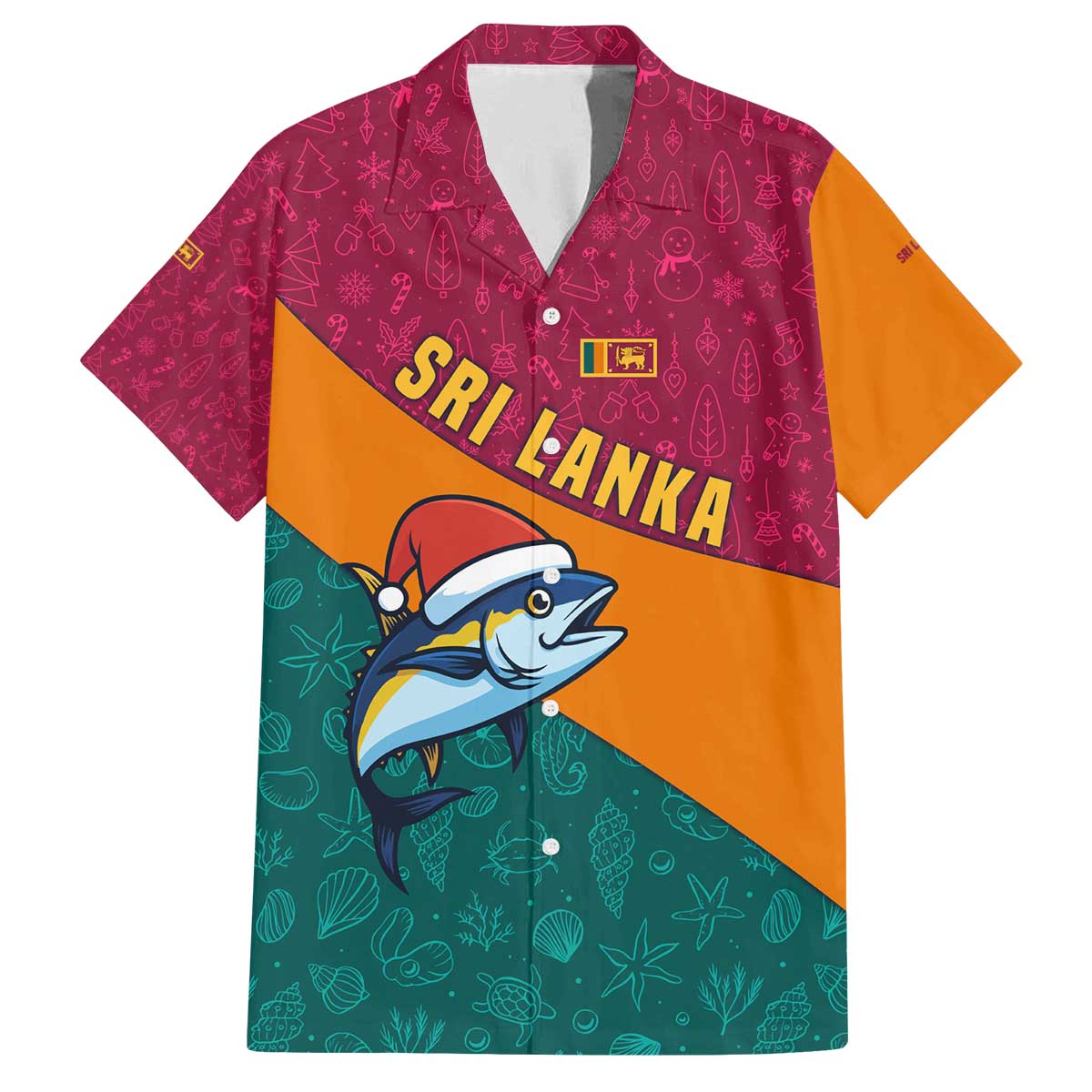 Sri Lanka Christmas Family Matching Off The Shoulder Long Sleeve Dress and Hawaiian Shirt with Santa Hat Fish Ocean Icons and Tri Color Festive Design - Wonder Print Shop
