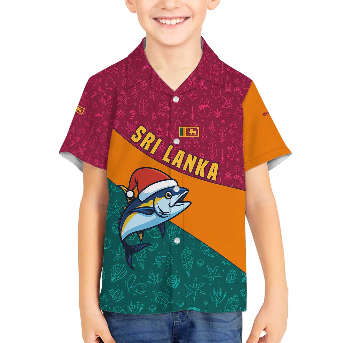 Sri Lanka Christmas Family Matching Off The Shoulder Long Sleeve Dress and Hawaiian Shirt with Santa Hat Fish Ocean Icons and Tri Color Festive Design - Wonder Print Shop