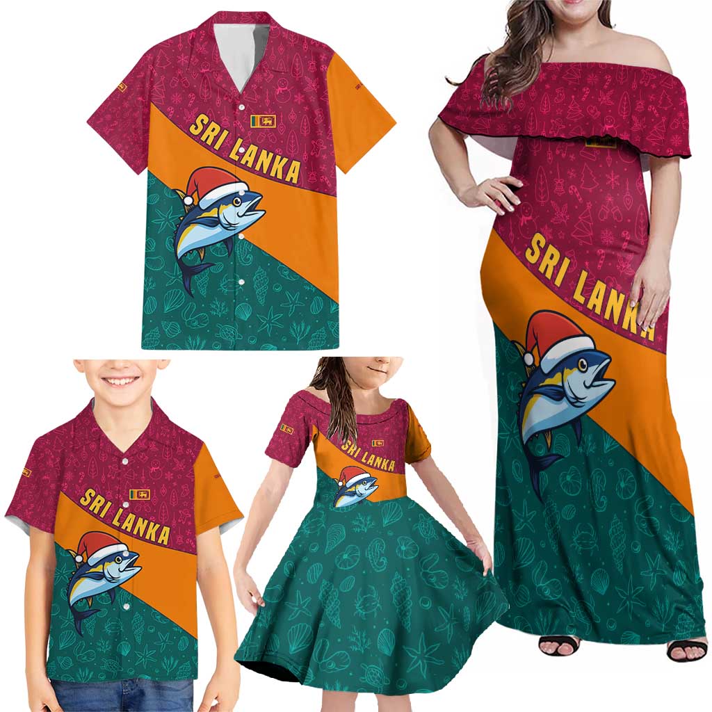 Sri Lanka Christmas Family Matching Off Shoulder Maxi Dress and Hawaiian Shirt with Santa Hat Fish Ocean Icons and Tri Color Festive Design - Wonder Print Shop