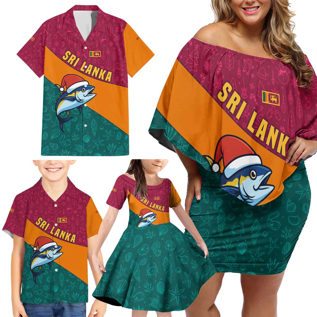 Sri Lanka Christmas Family Matching Off Shoulder Short Dress and Hawaiian Shirt with Santa Hat Fish Ocean Icons and Tri Color Festive Design - Wonder Print Shop