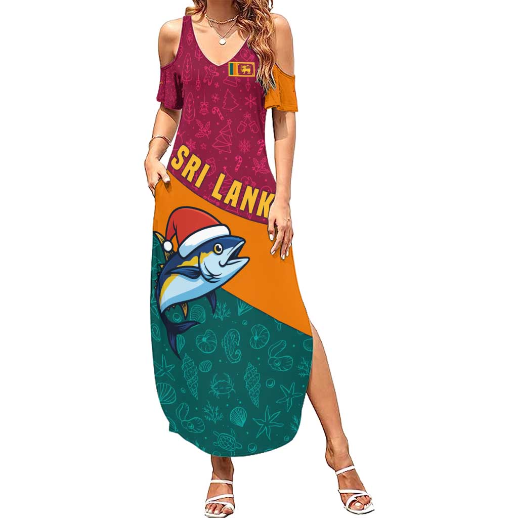 Sri Lanka Christmas Family Matching Summer Maxi Dress and Hawaiian Shirt with Santa Hat Fish Ocean Icons and Tri Color Festive Design - Wonder Print Shop