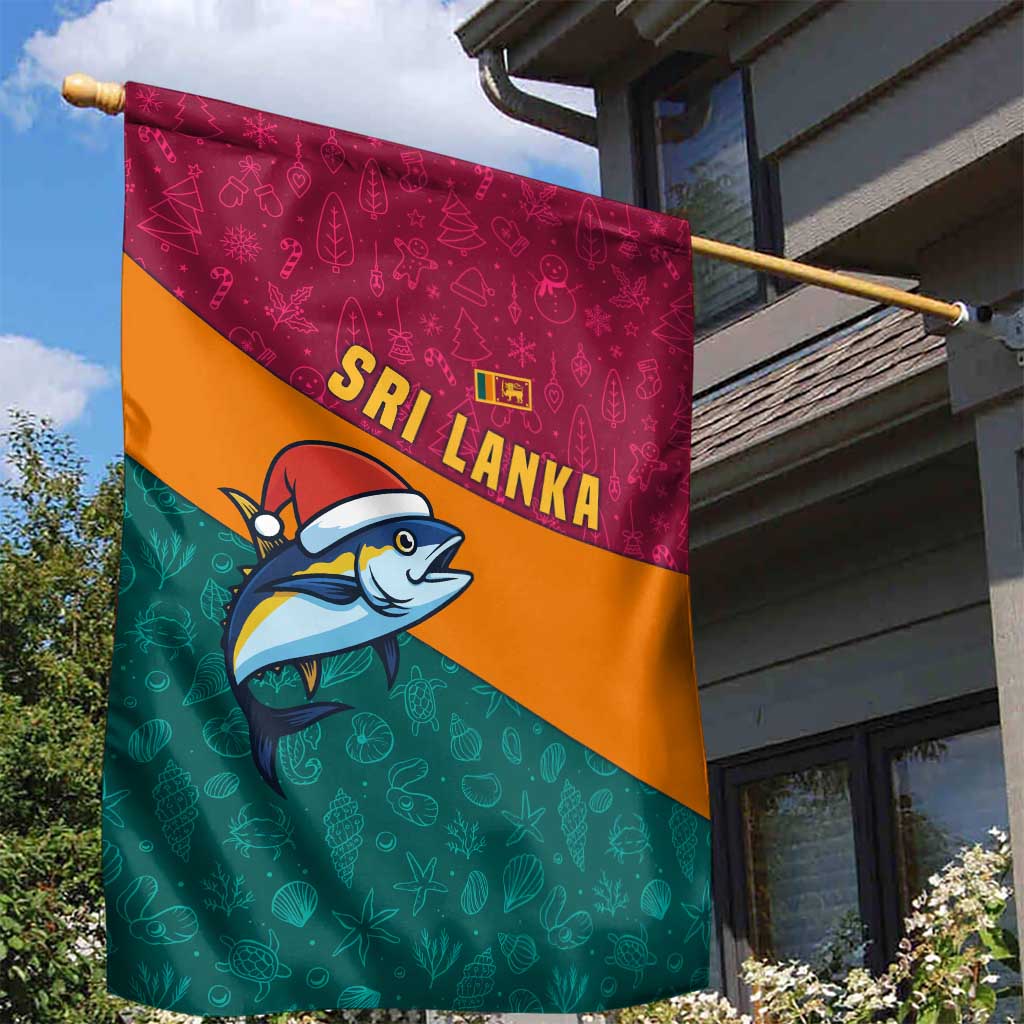 Sri Lanka Christmas Garden Flag with Santa Hat Fish Ocean Icons and Tri Color Festive Design - Wonder Print Shop