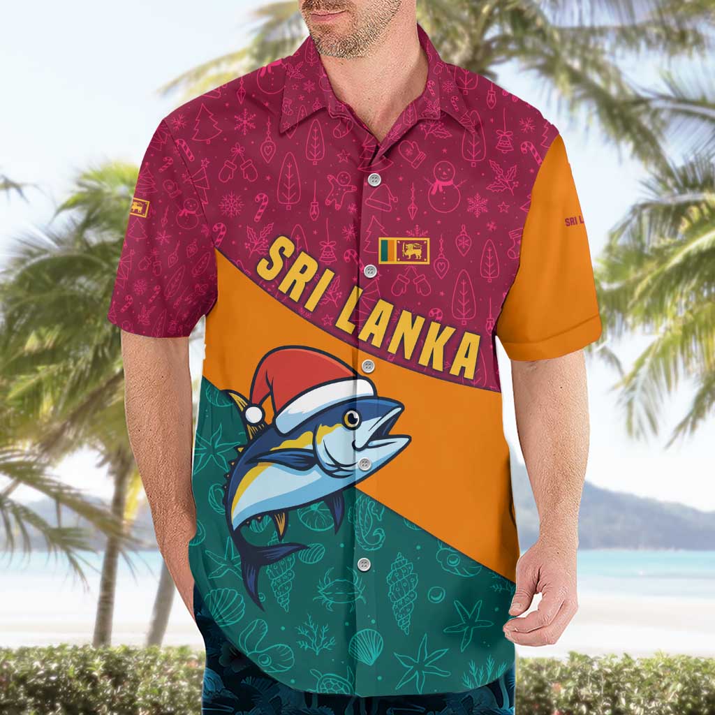 Sri Lanka Christmas Hawaiian Shirt with Santa Hat Fish Ocean Icons and Tri Color Festive Design - Wonder Print Shop