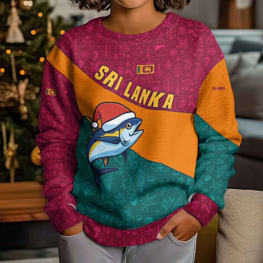 Sri Lanka Christmas Kid Ugly Christmas Sweater with Santa Hat Fish Ocean Icons and Tri Color Festive Design - Wonder Print Shop