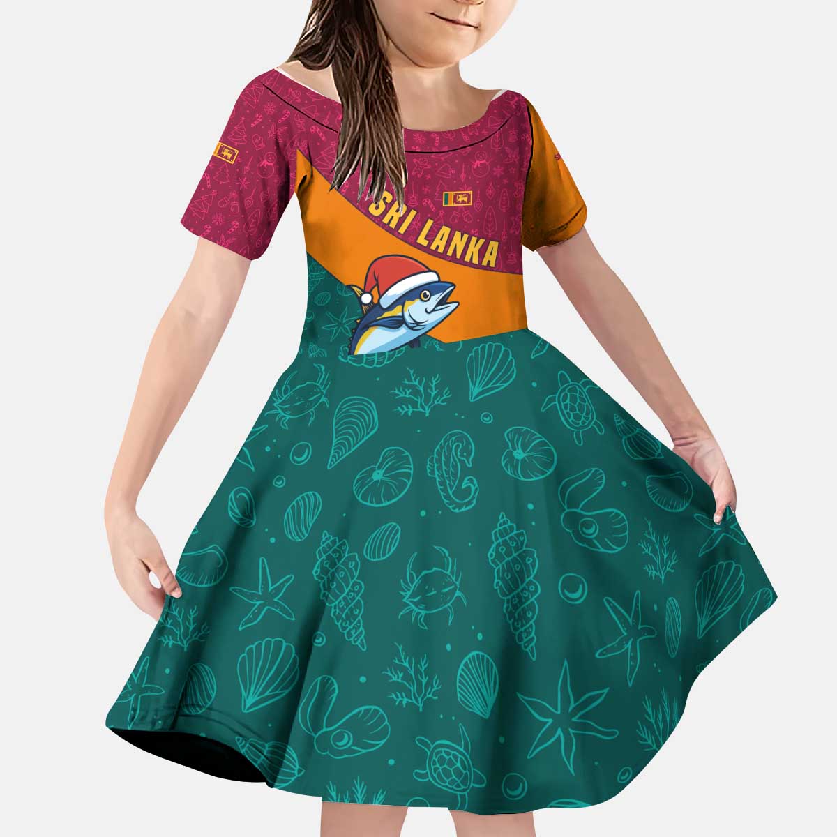 Sri Lanka Christmas Kid Short Sleeve Dress with Santa Hat Fish Ocean Icons and Tri Color Festive Design - Wonder Print Shop