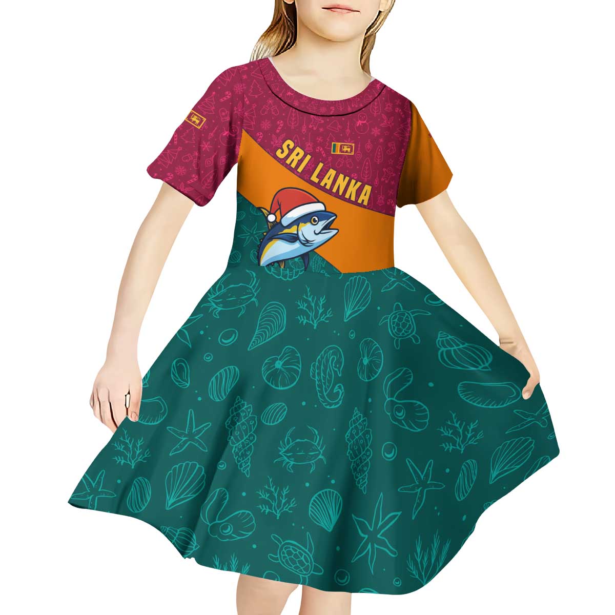 Sri Lanka Christmas Kid Short Sleeve Dress with Santa Hat Fish Ocean Icons and Tri Color Festive Design - Wonder Print Shop