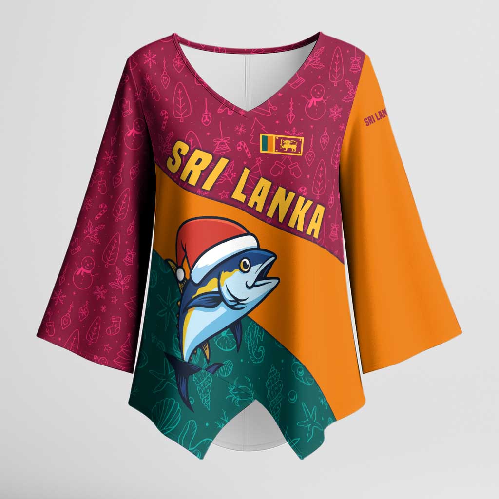Sri Lanka Christmas Kimono Sleeve Blouse with Santa Hat Fish Ocean Icons and Tri Color Festive Design - Wonder Print Shop