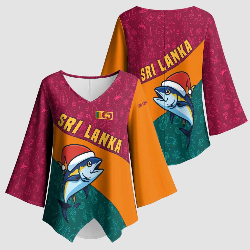 Sri Lanka Christmas Kimono Sleeve Blouse with Santa Hat Fish Ocean Icons and Tri Color Festive Design - Wonder Print Shop