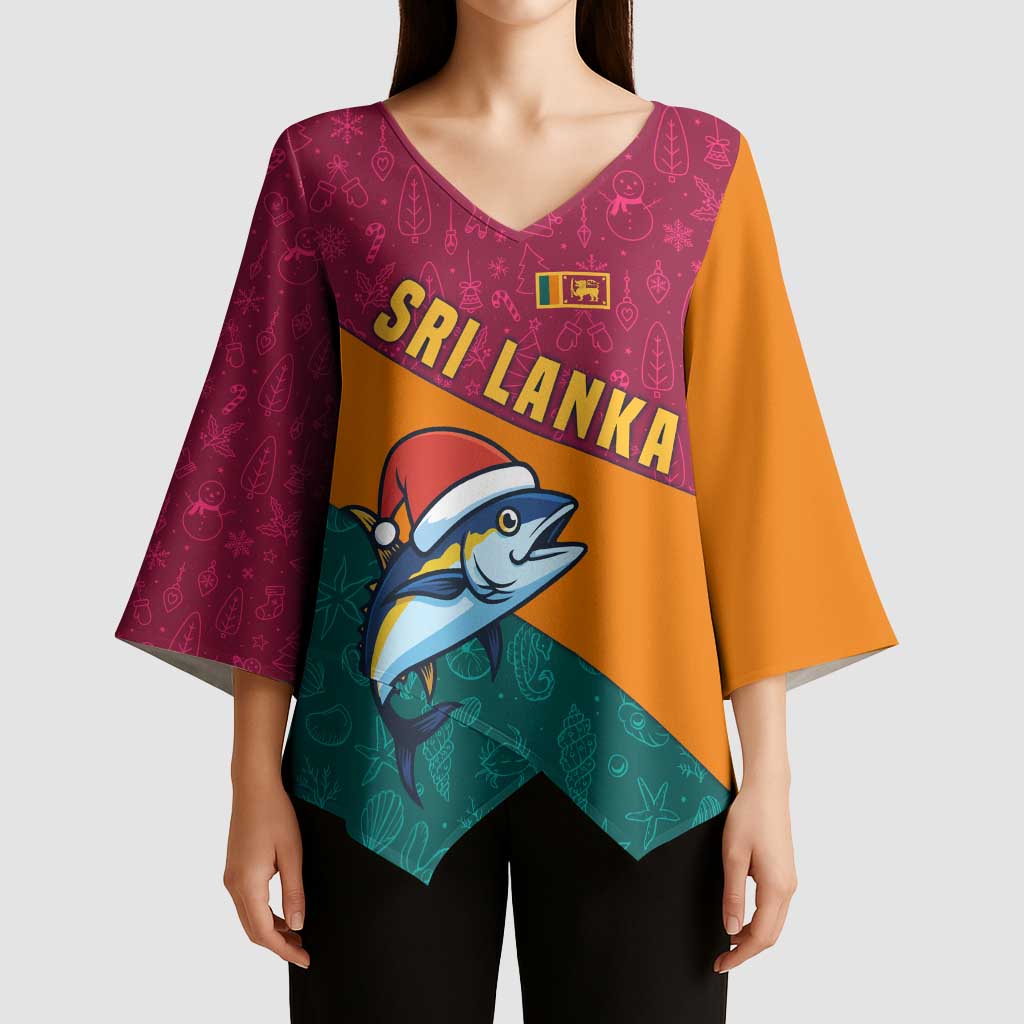 Sri Lanka Christmas Kimono Sleeve Blouse with Santa Hat Fish Ocean Icons and Tri Color Festive Design - Wonder Print Shop
