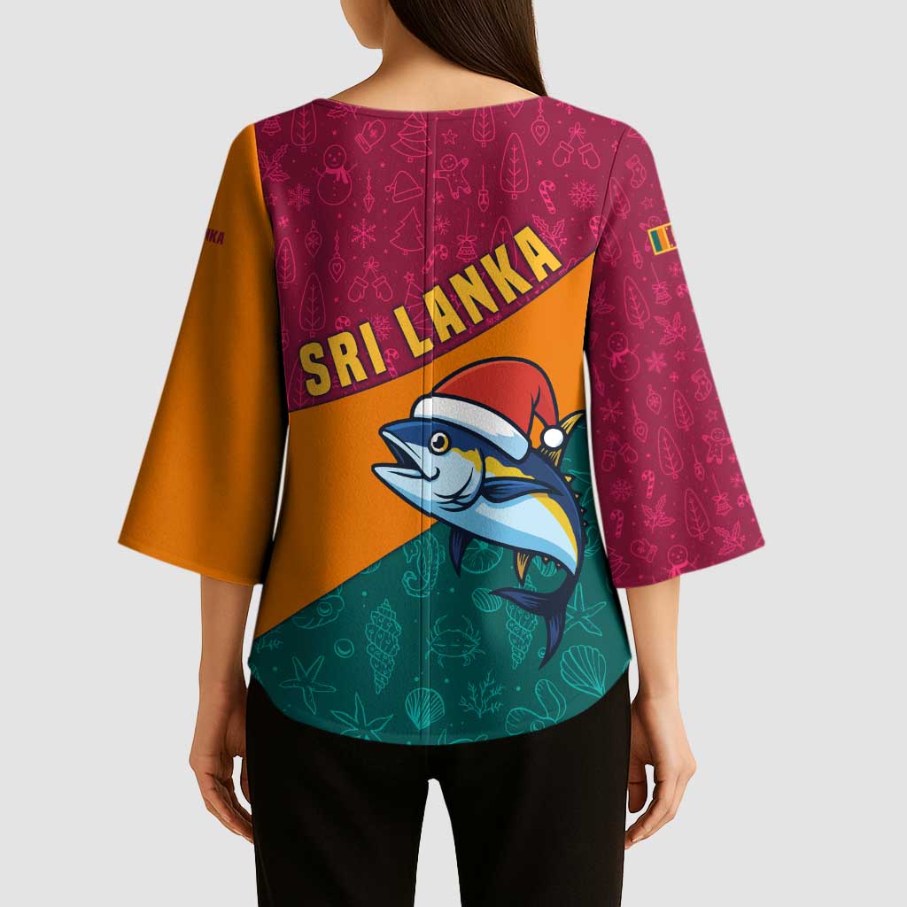Sri Lanka Christmas Kimono Sleeve Blouse with Santa Hat Fish Ocean Icons and Tri Color Festive Design - Wonder Print Shop