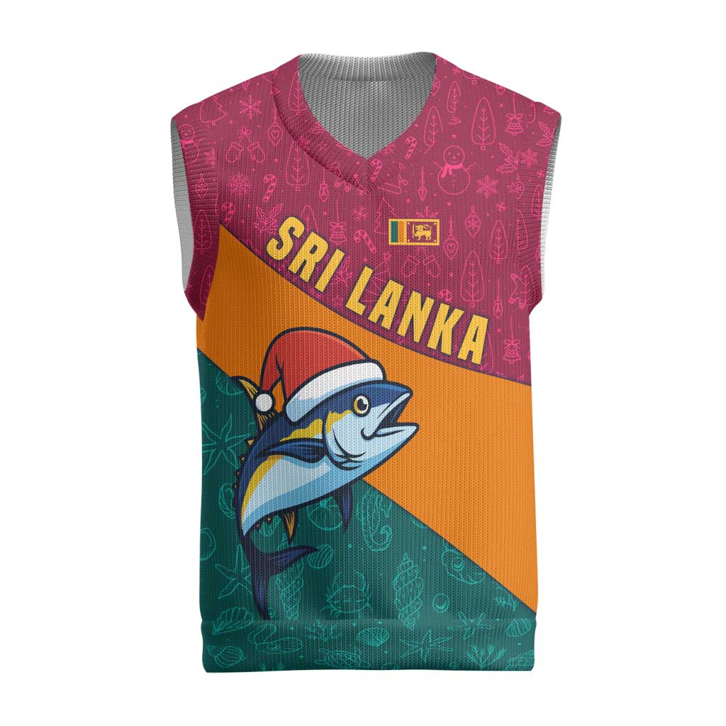 Sri Lanka Christmas Knitted V-Neck Vest with Santa Hat Fish Ocean Icons and Tri Color Festive Design - Wonder Print Shop