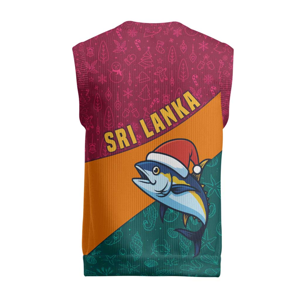Sri Lanka Christmas Knitted V-Neck Vest with Santa Hat Fish Ocean Icons and Tri Color Festive Design - Wonder Print Shop