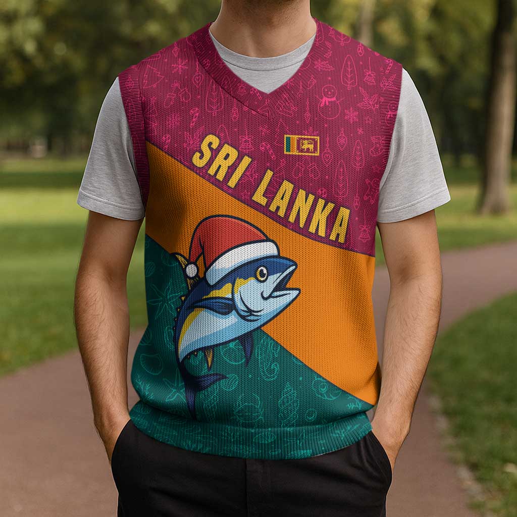 Sri Lanka Christmas Knitted V-Neck Vest with Santa Hat Fish Ocean Icons and Tri Color Festive Design - Wonder Print Shop