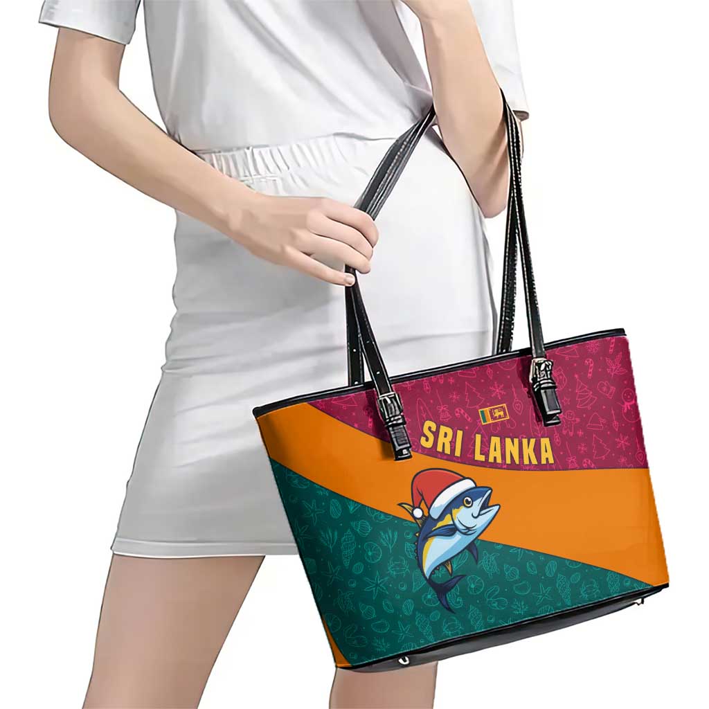 Sri Lanka Christmas Leather Tote Bag with Santa Hat Fish Ocean Icons and Tri Color Festive Design - Wonder Print Shop