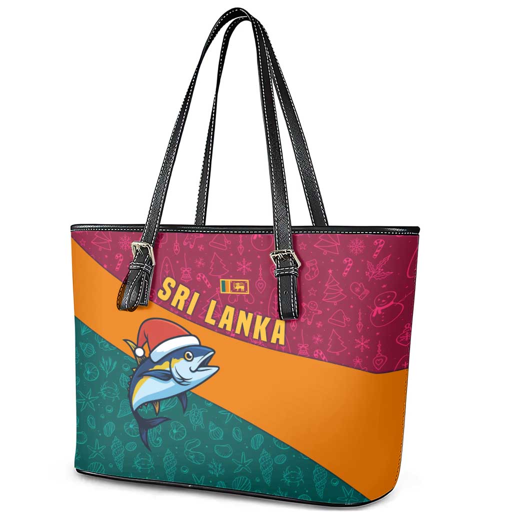Sri Lanka Christmas Leather Tote Bag with Santa Hat Fish Ocean Icons and Tri Color Festive Design - Wonder Print Shop
