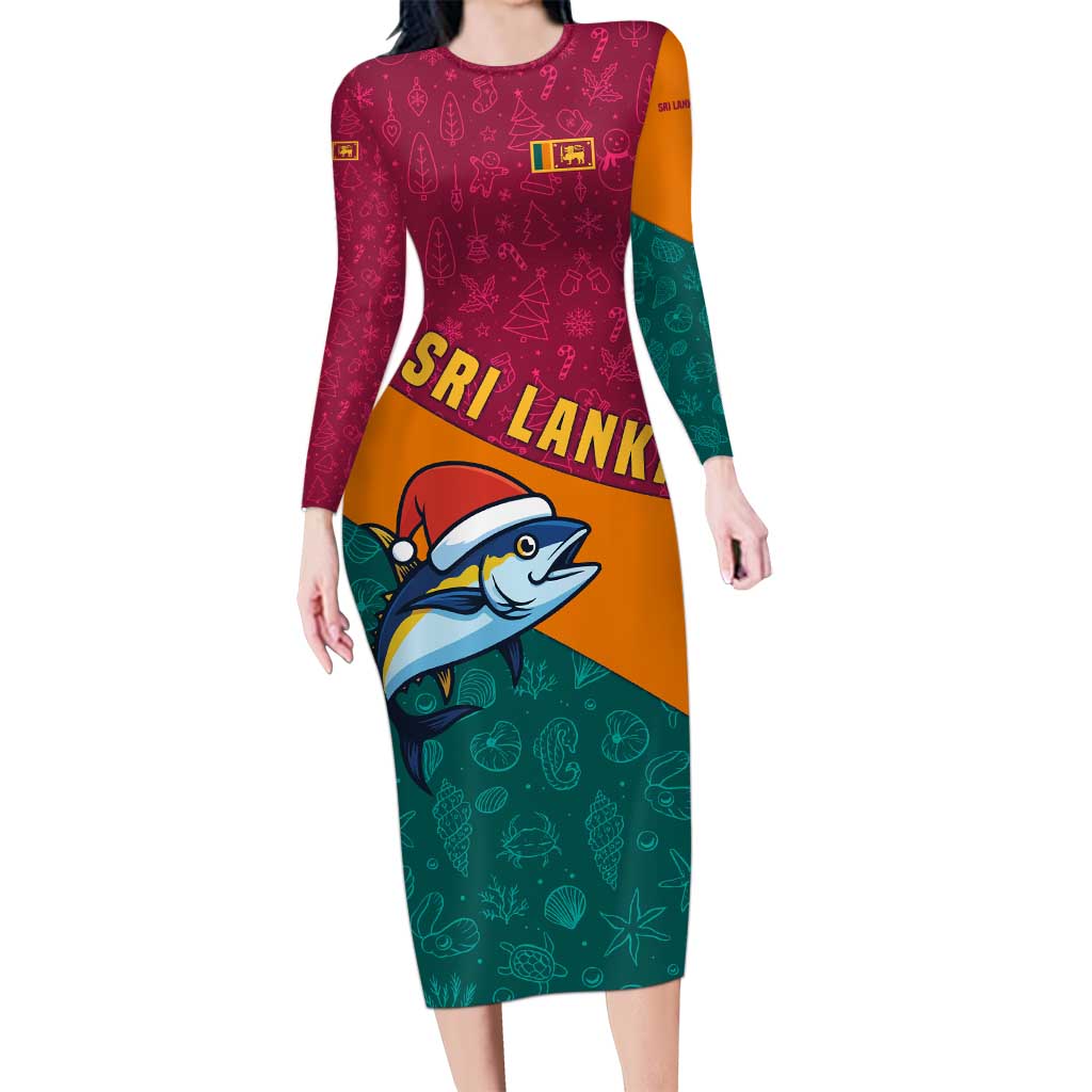 Sri Lanka Christmas Long Sleeve Bodycon Dress with Santa Hat Fish Ocean Icons and Tri Color Festive Design - Wonder Print Shop